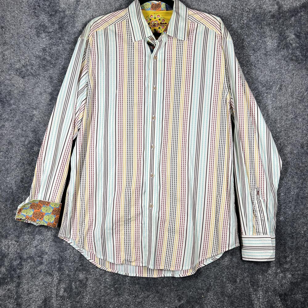 Robert Graham Shirt Mens XL White Striped Long Sleeve Button Up Cotton
